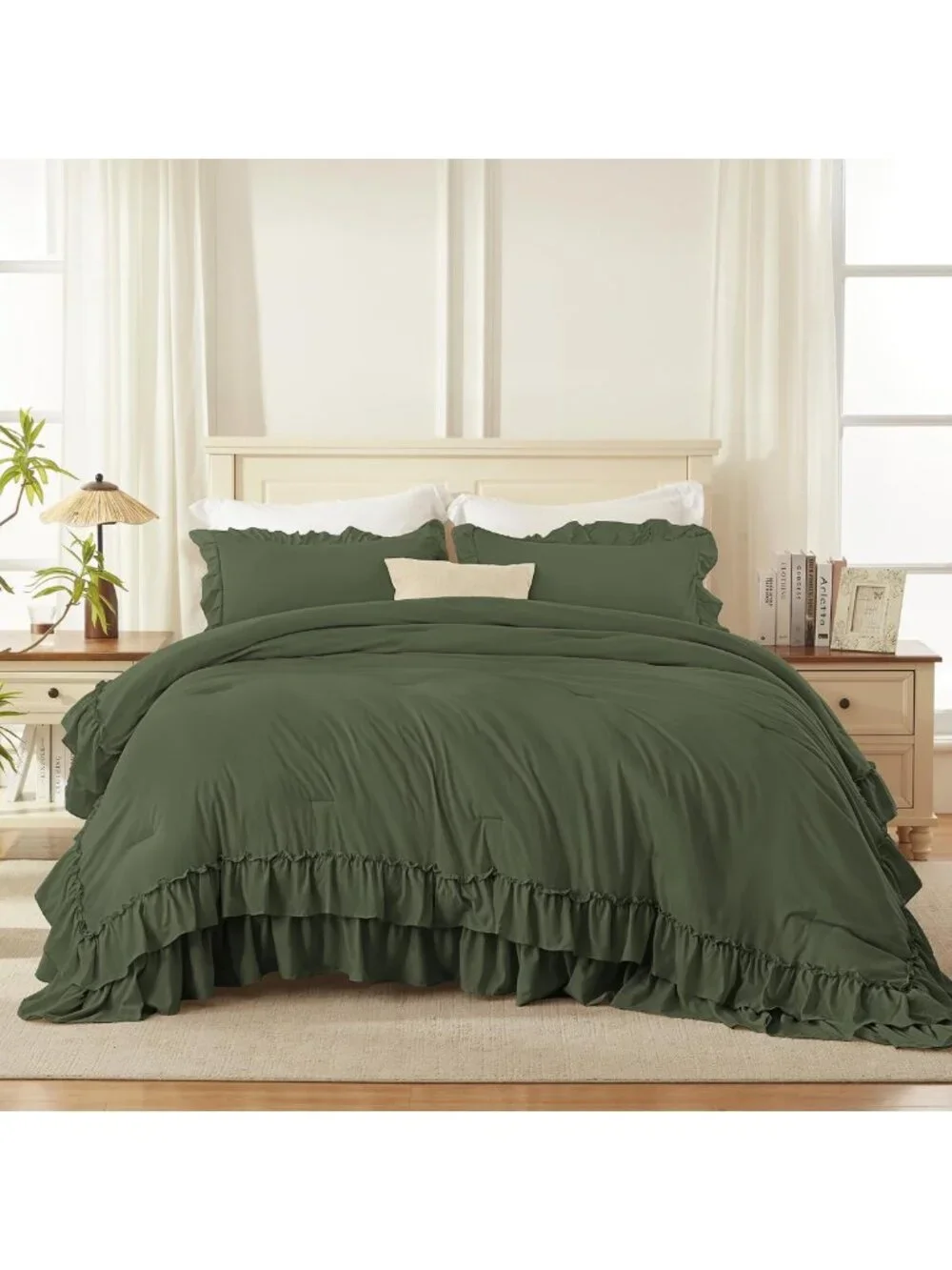 Olive Green Ruffle King Comforter Set - 3 Piece Solid Bedding for Cozy Home